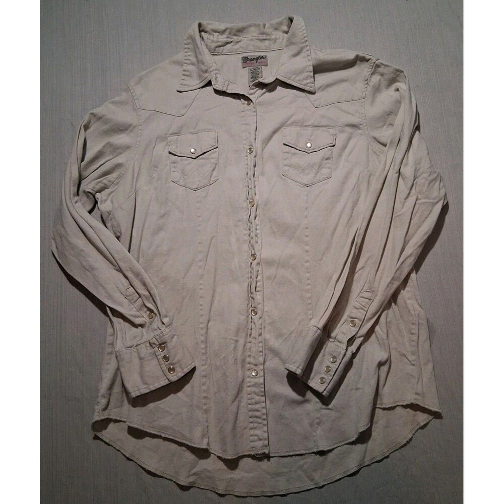 Vintage Wrangler Wrancher Shirt Womens XL Beige Pearl Snap Western Workwear